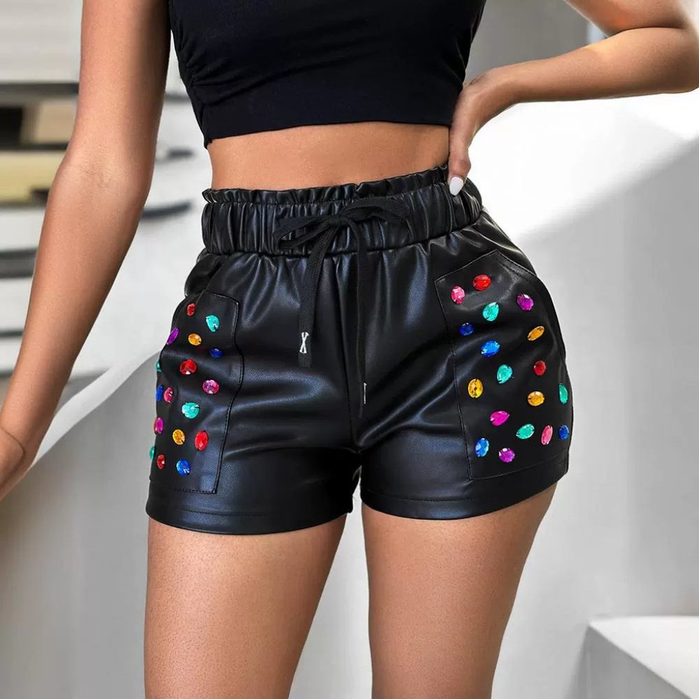 Women's Color Rhinestone Pu Shorts - Picture 5 of 7